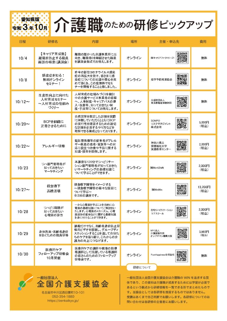 Read more about the article 【会員特典情報】愛知県版介護研修ピックアップ令和３年10月版