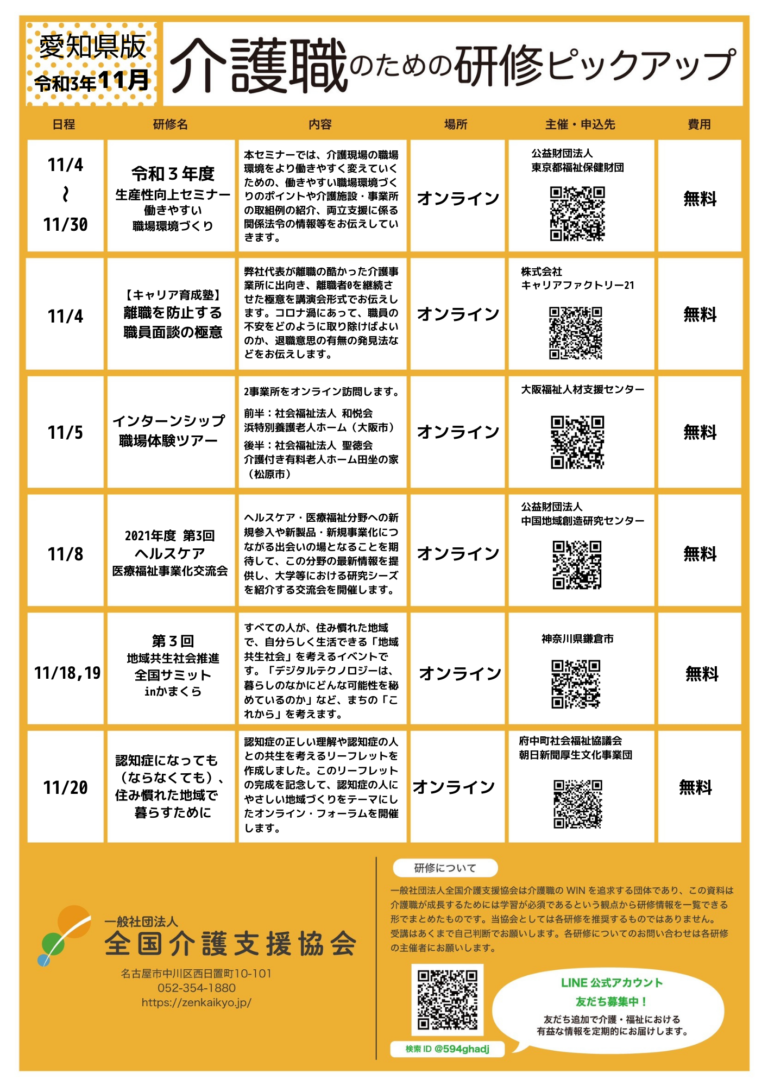 Read more about the article 【会員特典情報】愛知県版介護研修ピックアップ令和３年11月版