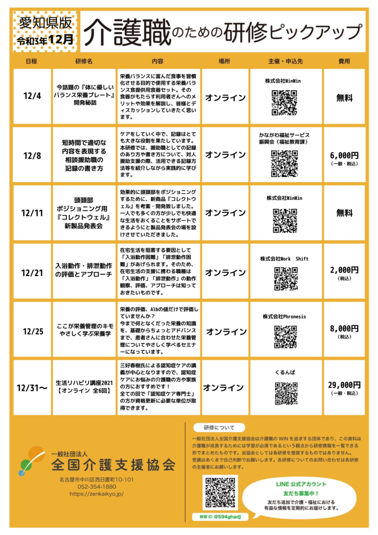 Read more about the article 【会員特典情報】愛知県版介護研修ピックアップ令和３年12月版