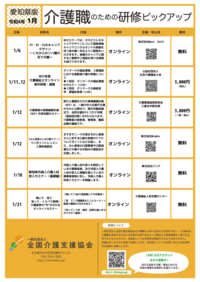 Read more about the article 【会員特典情報】愛知県版介護研修ピックアップ令和4年1月版