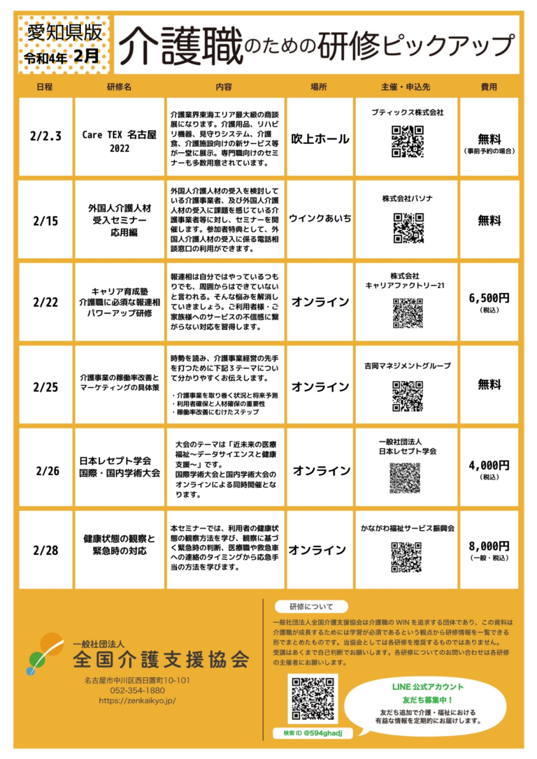 Read more about the article 【会員特典情報】愛知県版介護研修ピックアップ令和4年2月版