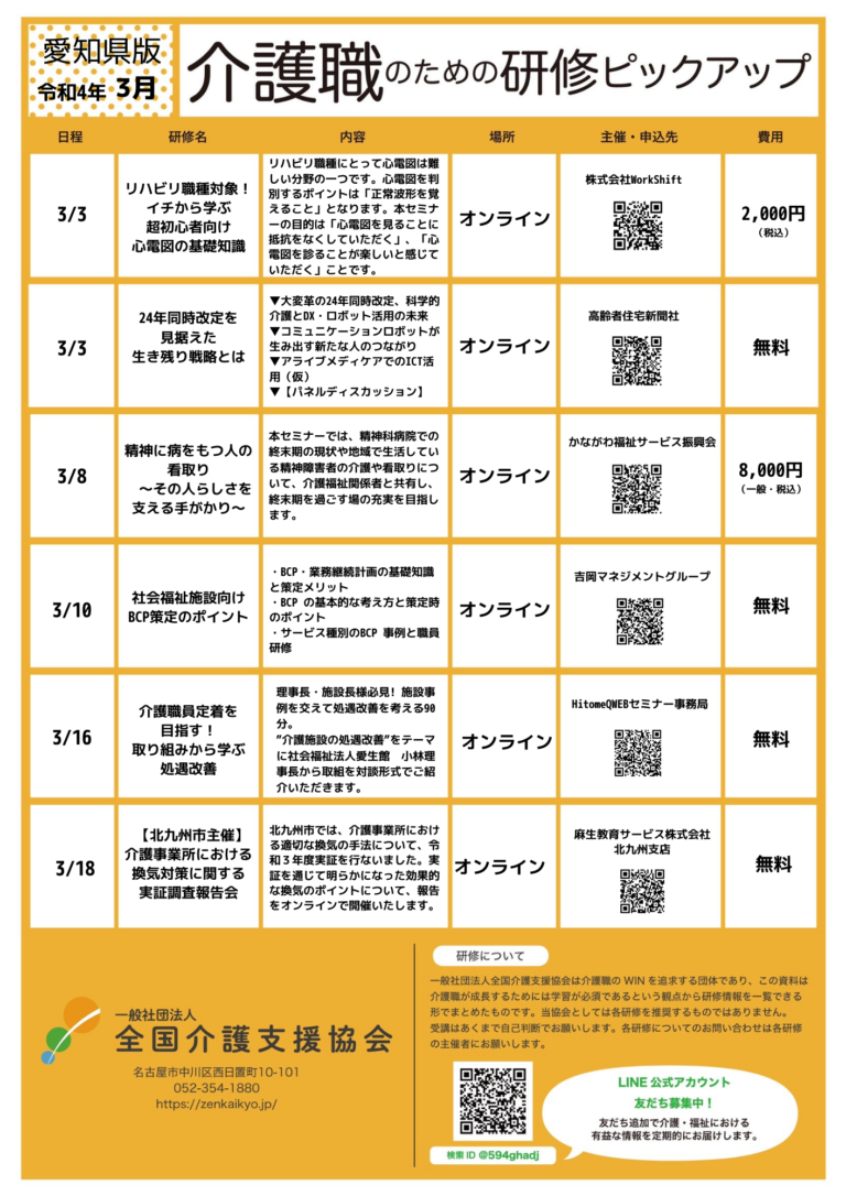 Read more about the article 【会員特典情報】愛知県版介護研修ピックアップ令和4年3月版