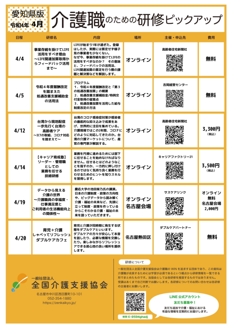 Read more about the article 【会員特典情報】愛知県版介護研修ピックアップ令和4年4月版