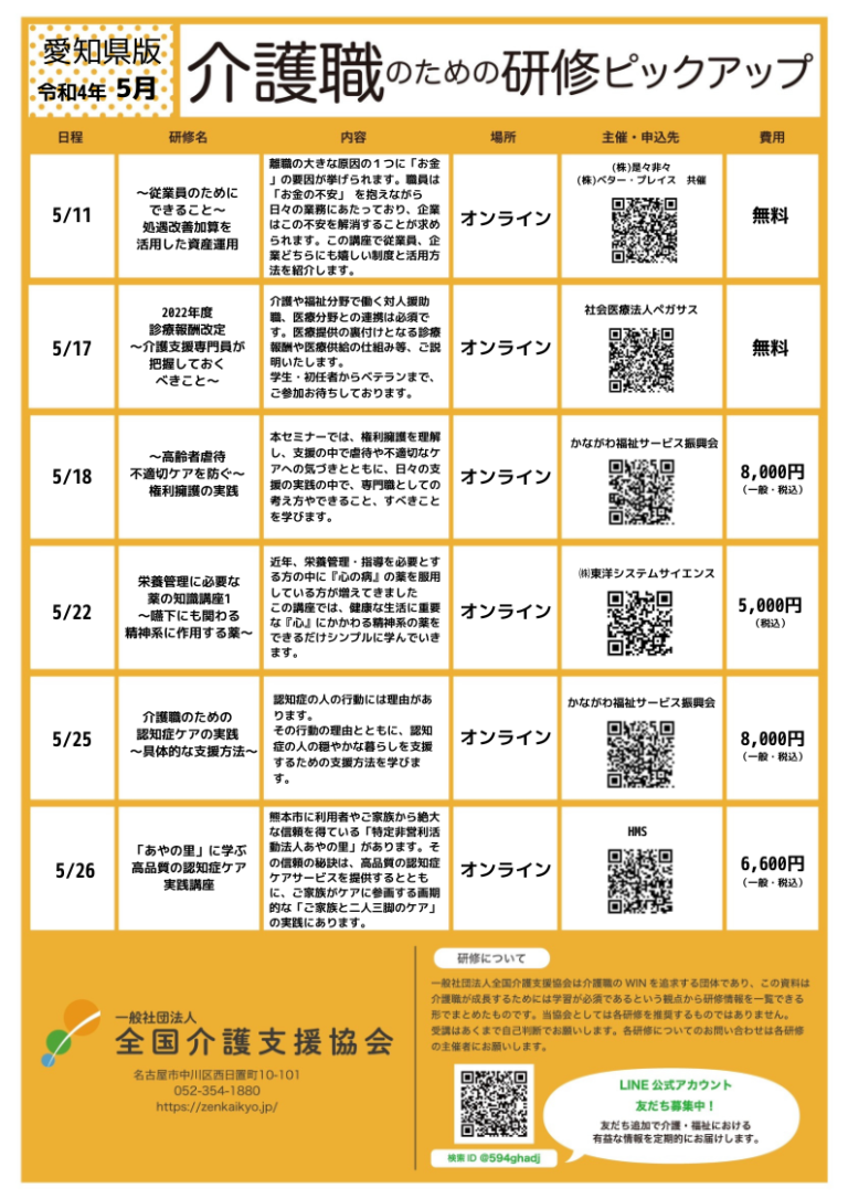 Read more about the article 【会員特典情報】愛知県版介護研修ピックアップ令和4年5月版