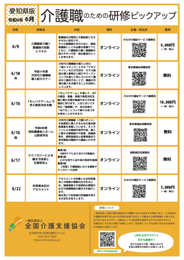 Read more about the article 【会員特典情報】愛知県版介護研修ピックアップ令和4年6月版