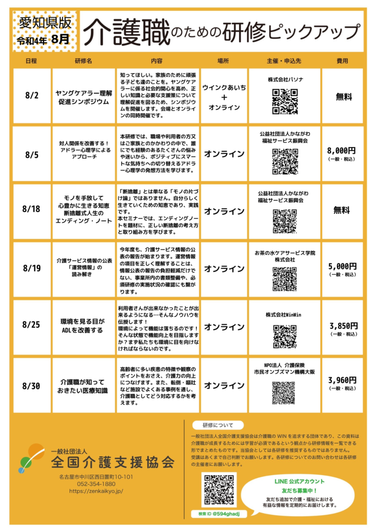 Read more about the article 【会員特典情報】愛知県版介護研修ピックアップ令和4年8月版