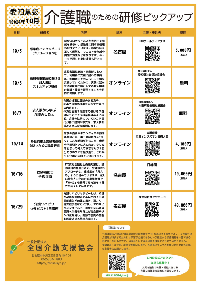 Read more about the article 【会員特典情報】愛知県版介護研修ピックアップ令和4年11月版