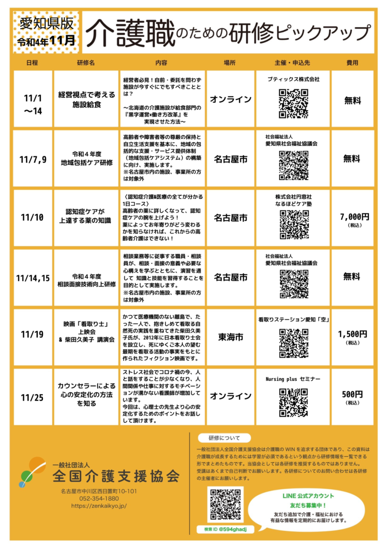 Read more about the article 【会員特典情報】愛知県版介護研修ピックアップ令和4年10月版