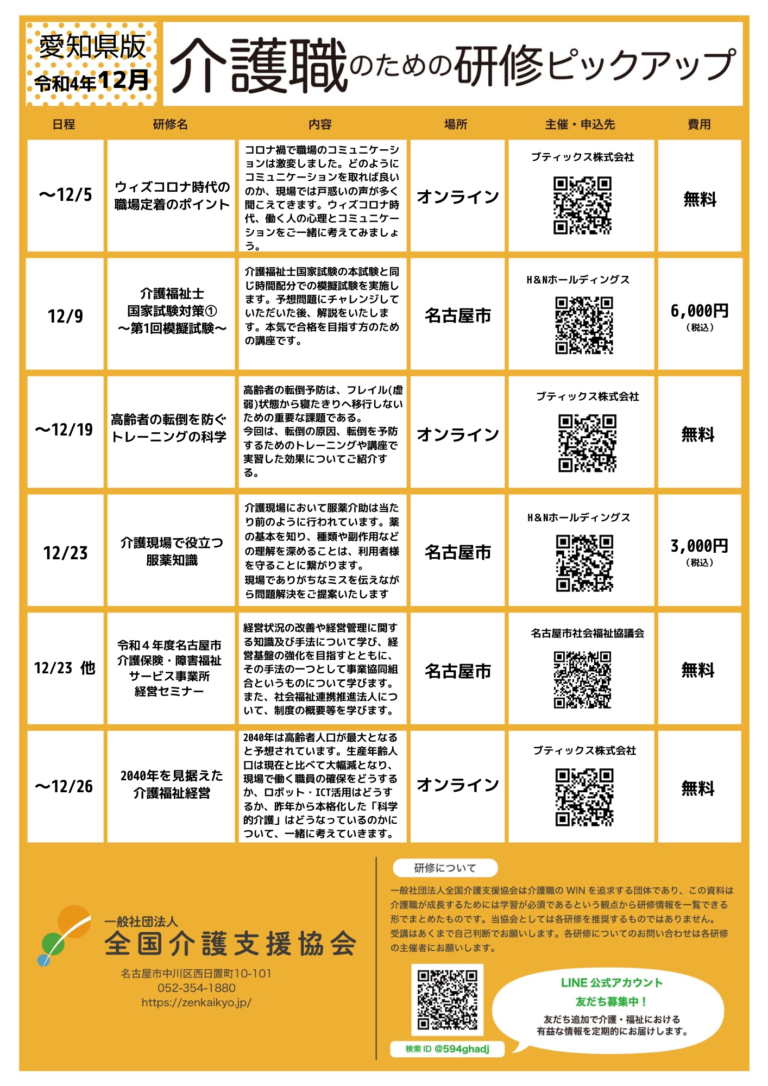 Read more about the article 【会員特典情報】愛知県版介護研修ピックアップ令和4年12月版