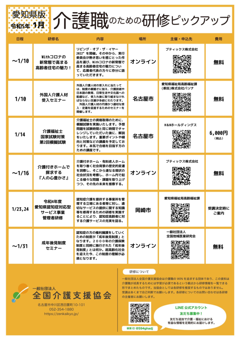 Read more about the article 【会員特典情報】愛知県版介護研修ピックアップ令和5年1月版