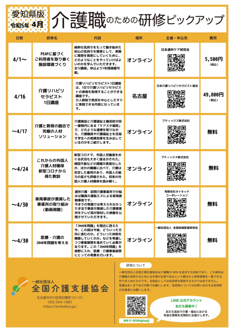 Read more about the article 【会員特典情報】愛知県版介護研修ピックアップ令和5年4月版