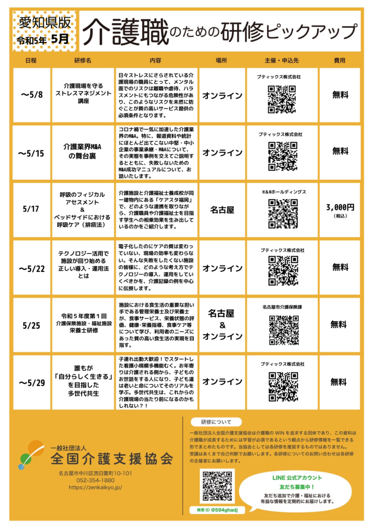 Read more about the article 【会員特典情報】愛知県版介護研修ピックアップ令和5年5月版