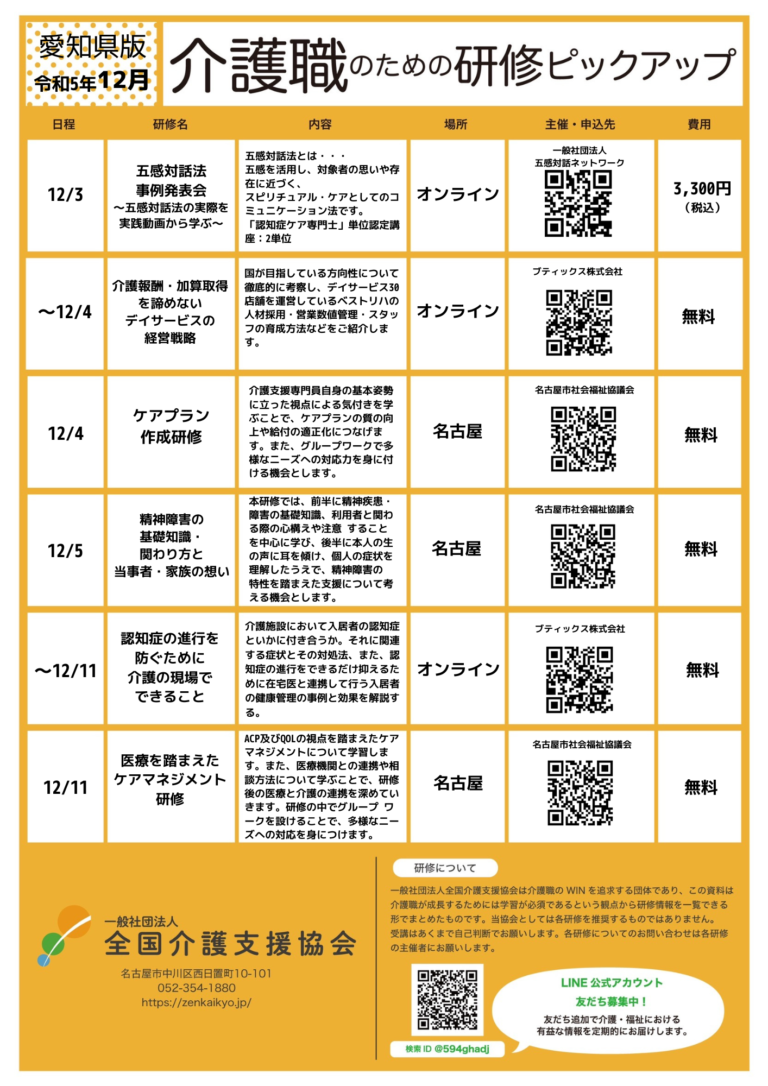 Read more about the article 【会員特典情報】愛知県版介護研修ピックアップ令和5年12月版