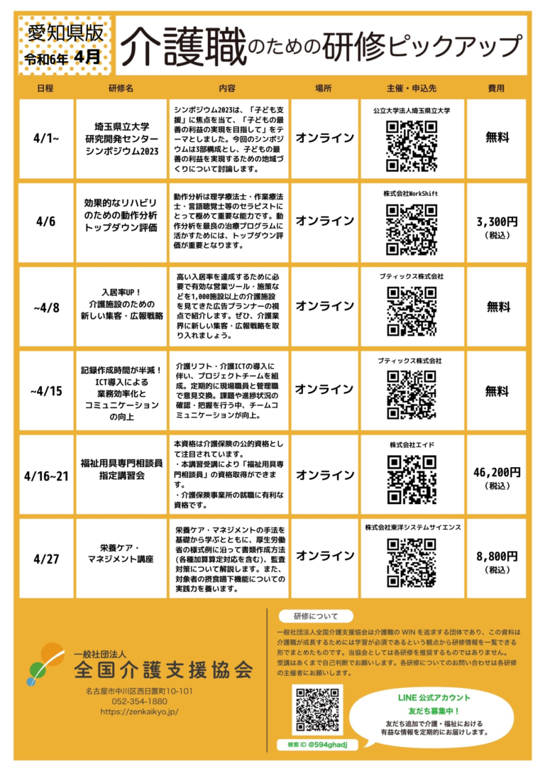 Read more about the article 【会員特典情報】愛知県版介護研修ピックアップ令和6年4月版